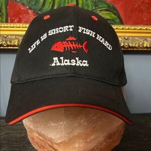 VTG Life is short fish hard Alaska Black and Red Fishing Cap